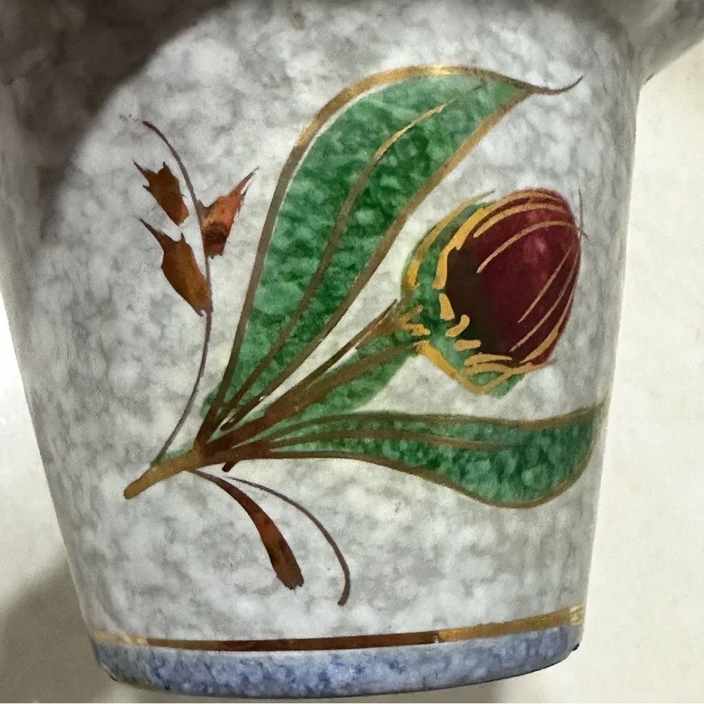 Vintage Italian Hand Painted Planter Marbled Blue Gold Rim Red Flower ITALY